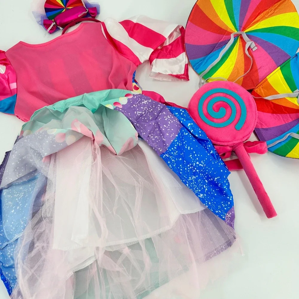 Kids Candy Land Lollipop Costume 4 pieceSet Pink Blue Rainbow Dress Wings Size M